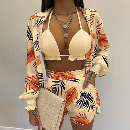 Women's Printed Beachwear Swimsuit Three Piece Set