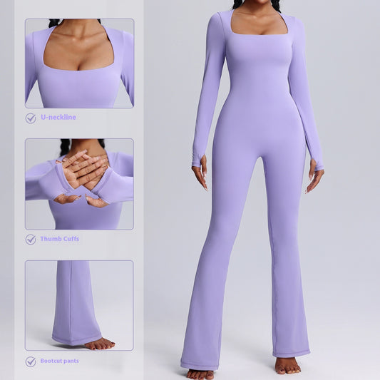 New Square Neck Long-sleeved Jumpsuit Yoga Fitness Sports Flared Pants Breathable Bodysuit Women's Clothing