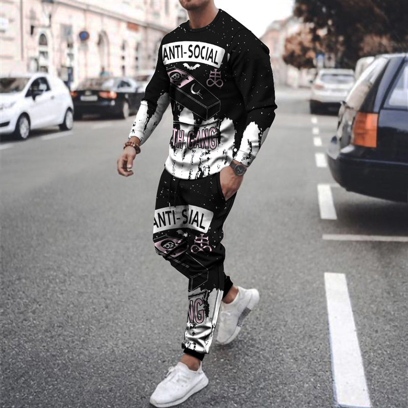 Funny New Long-sleeved Sports Two-piece Round Neck Casual Printed Men's Sweater