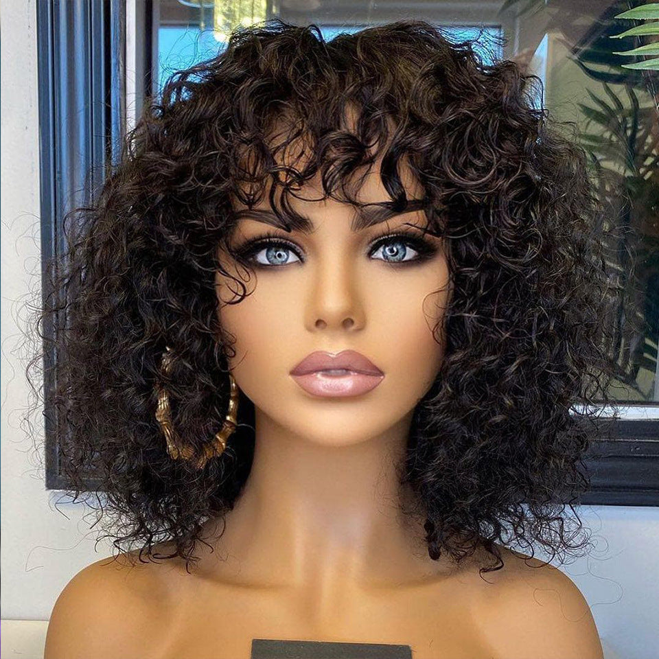 Deep Curly Human Hair Wig with Bangs