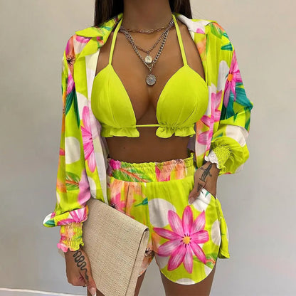 Women's Printed Beachwear Swimsuit Three Piece Set