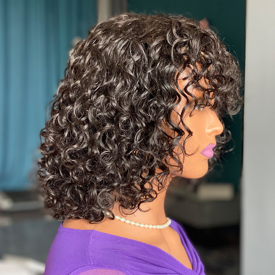 Deep Curly Human Hair Wig with Bangs