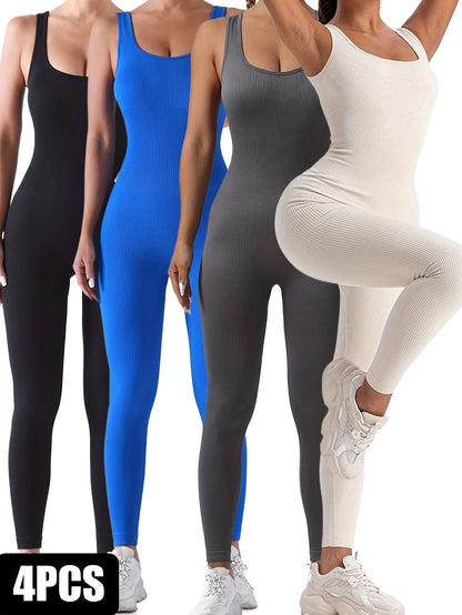 4-Pack Women's Ribbed Solid Color One-Piece Jumpsuit