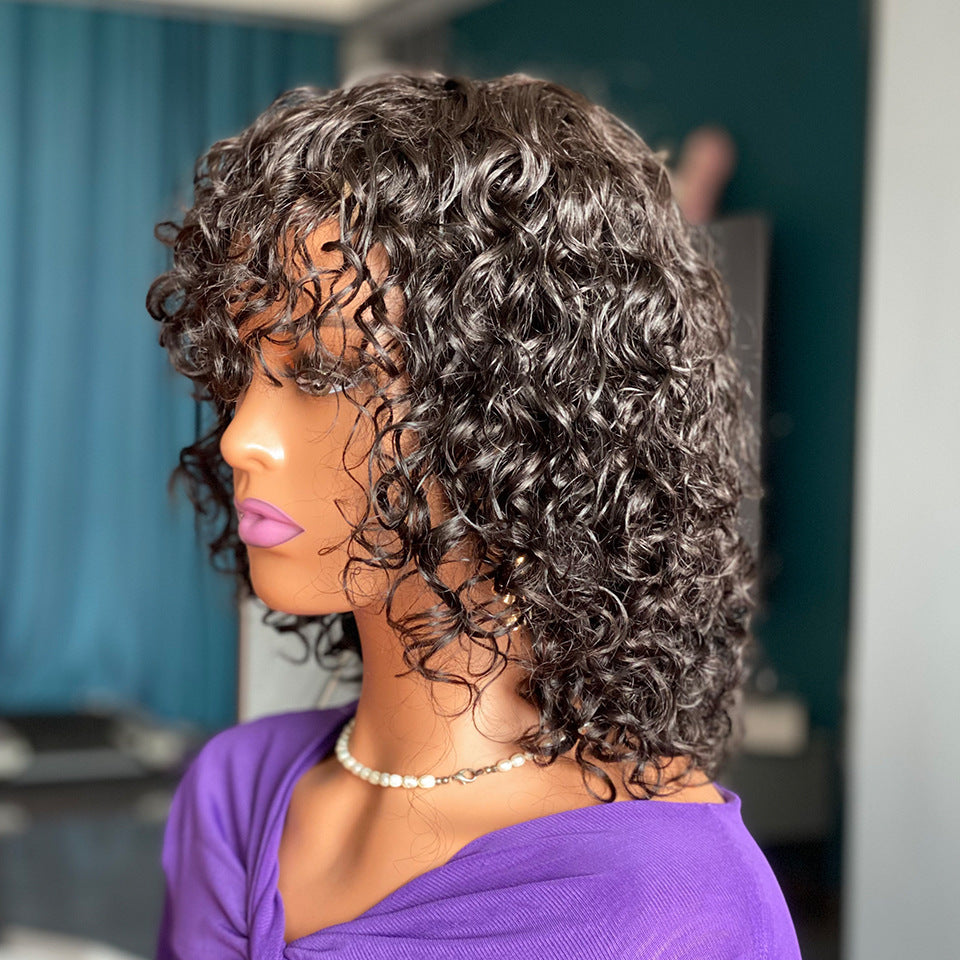 Deep Curly Human Hair Wig with Bangs