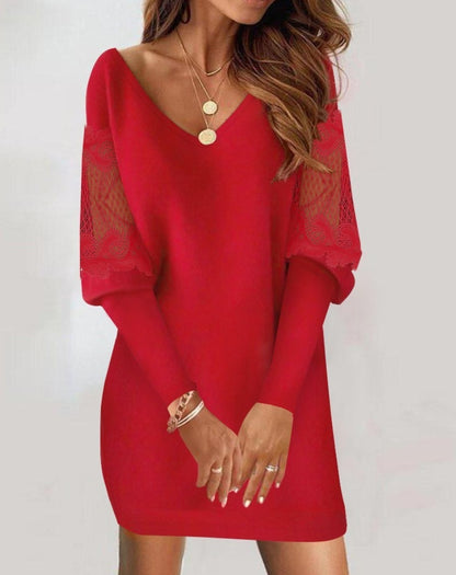 Long-Sleeved V-Neck Lace Splicing Dress